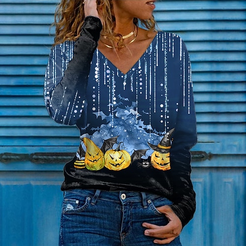 

Women's T shirt Tee Green Blue Purple Pumpkin Tie Dye Print Long Sleeve Halloween Weekend Basic V Neck Regular Floral Painting S / 3D Print