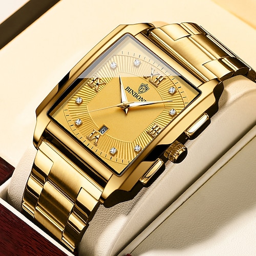 

BINBOND Quartz Watch Gold Stainless Steel Men Watch Rectangle 44mm Big Dial Business Quartz Men's Wristwatches Relogio Masculino Military Watch Man