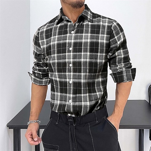 

Men's Dress Shirt Button Up Shirt Plaid Shirt Collared Shirt Dark Gray Long Sleeve Plaid / Check Turndown Spring Fall Wedding Street Clothing Apparel Button-Down