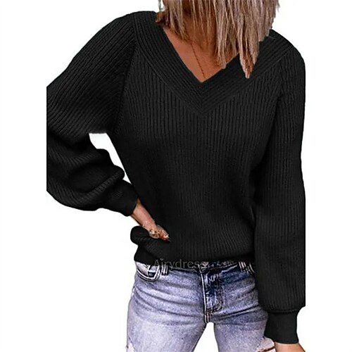 

Damen Pullover Strickwaren Gerippt Stricken Strick Einfarbig V Ausschnitt Stilvoll Casual Outdoor Täglich Winter Herbst Grün Grau Schwarz S / Langarm / Regular Fit / Ausgehen