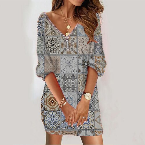 

Women's Sweatshirt Dress Winter Dress Black Blue Dark Gray Gray White Long Sleeve Floral Geometric Color Block Zipper Print Winter Fall V Neck Vacation Casual Fall Dress Loose Fit 2022 S M L XL XXL