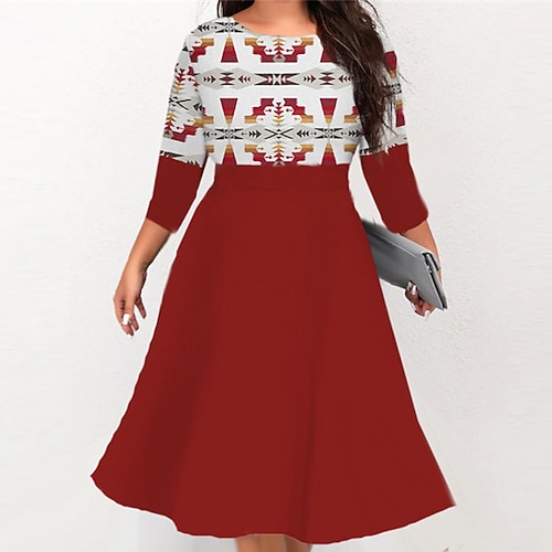 

Women's Plus Size Christmas Work Dress Sunflower Round Neck Print 3/4 Length Sleeve Winter Fall Stylish Work Midi Dress Vacation Dress