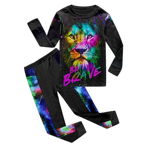 

2 Pieces Kids Boys T-shirt & Pants T-shirtSet Clothing Set Outfit Letter Lion Long Sleeve Print Set Street Fashion Cool Winter Fall 3-12 Years Black