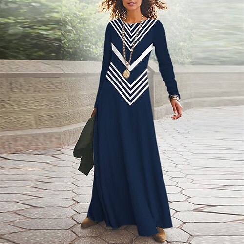 

Women's Casual Dress A Line Dress Maxi long Dress Black Navy Blue Long Sleeve Geometric Pocket Print Fall Winter V Neck Vacation Casual 2022 S M L XL XXL 3XL