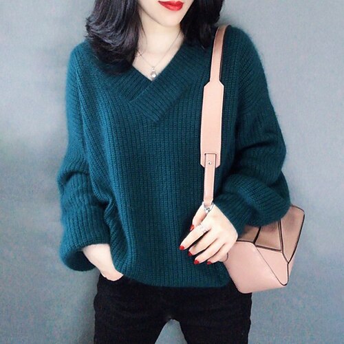 

Women's Pullover Sweater jumper Jumper Ribbed Knit Knitted Pure Color V Neck Casual Soft Daily Holiday Winter Fall Green Orange S M L / Long Sleeve / Regular Fit / Going out