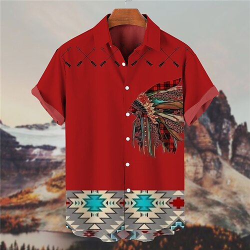 

Men's Shirt Geometry Turndown Wine Short Sleeves 3D Print Outdoor Street Button-Down Print Tops Vintage Designer Ethnic Style Casual / Summer / Spring / Summer
