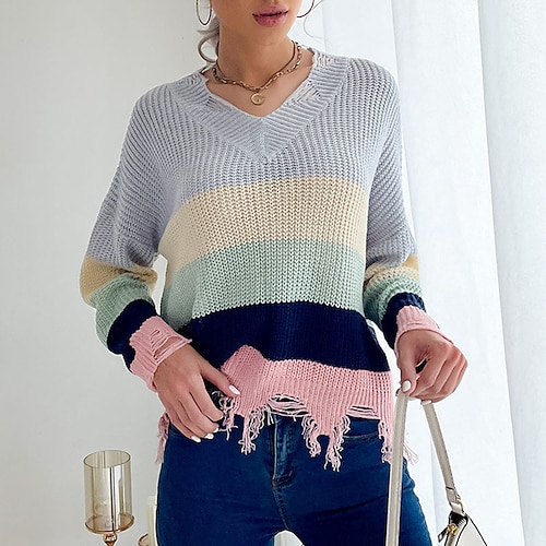 

Women's Pullover Sweater jumper Jumper Crochet Knit Knitted Ripped Color Block V Neck Stylish Casual Outdoor Daily Winter Fall Pink S M L / Long Sleeve / Striped / Regular Fit / Going out