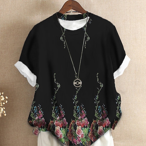 

Women's Plus Size Tops T shirt Tee Floral Print Short Sleeve Crewneck Streetwear Daily Sports Cotton Spandex Jersey Spring Summer Black