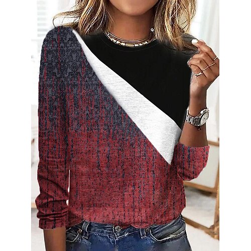 

Women's Shirt Red Color Block Print Long Sleeve Casual Sports Basic Round Neck Regular S