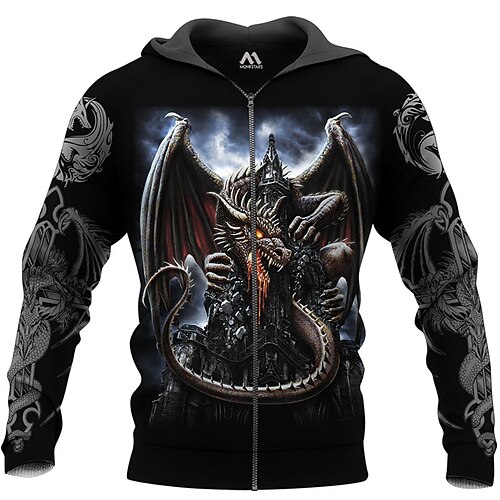 

Men's Unisex Full Zip Hoodie Jacket Black Hooded Dragon Graphic Prints Zipper Print Sports & Outdoor Daily Sports 3D Print Streetwear Designer Casual Spring & Fall Clothing Apparel Hoodies