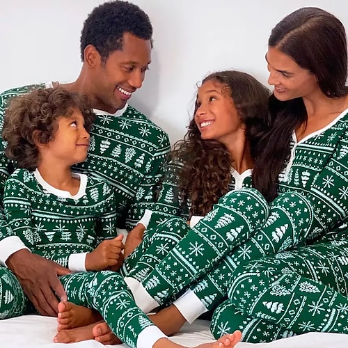 

Christmas Pajamas Family Set Ugly Christmas Tree Christmas pattern Home Green Long Sleeve Mom Dad and Me Daily Matching Outfits