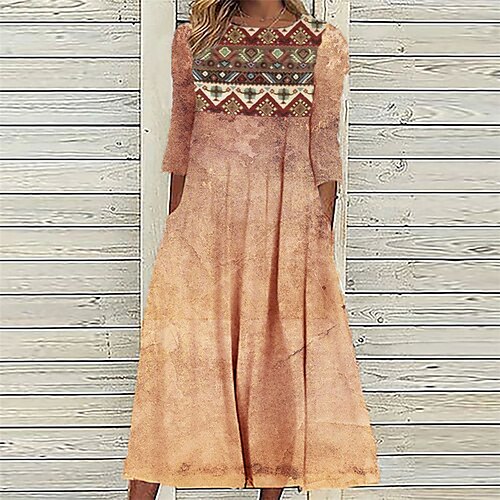 

Women's Casual Dress Shift Dress Midi Dress Orange 3/4 Length Sleeve Geometric Ruched Print Fall Winter Round Neck Vacation Casual 2022 S M L XL XXL 3XL