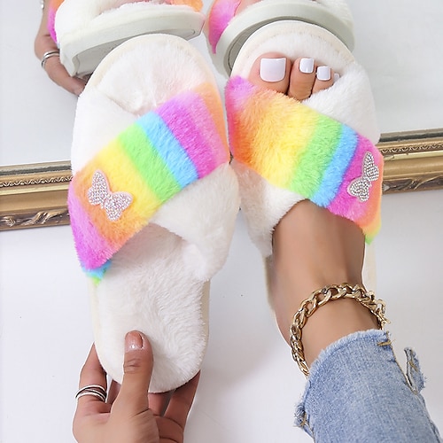 

Women's Slippers Daily Fuzzy Slippers Fluffy Slippers House Slippers Fleece Slippers Rhinestone Bowknot Flat Heel Open Toe Casual Sweet Faux Fur Loafer Solid Colored Light Pink Black Blue