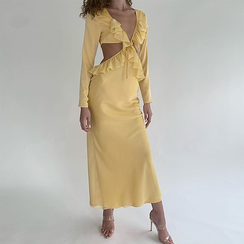 

Women's Cut Out Dress Sheath Dress Long Dress Maxi Dress Yellow Long Sleeve Pure Color Ruffle Winter Fall Autumn Deep V Mature Winter Dress Fall Dress Slim 2022 S M L