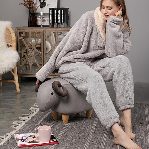 

Women's Fleece Flannel Warm Pajamas Sets Fluffy Fuzzy Warm Nighty Pure Color Plush Comfort Home Christmas V Wire Long Sleeve Sweater Pant Elastic Waist Fall Winter Gray Purple / Lace Up