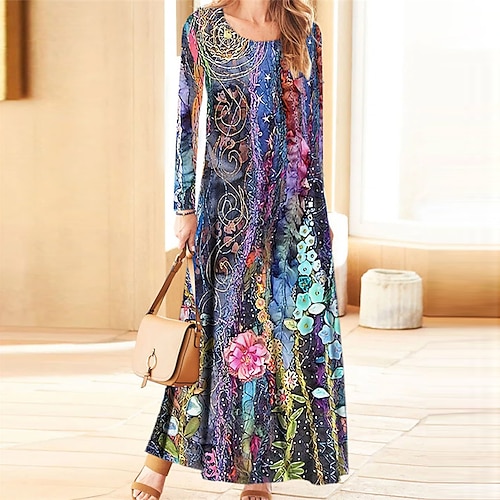 

Women's Casual Dress A Line Dress Maxi long Dress Purple Long Sleeve Floral Pocket Print Fall Winter V Neck Vacation Casual 2022 S M L XL XXL 3XL