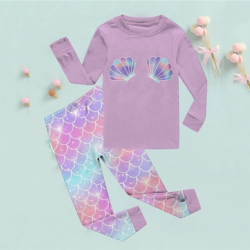 

2 Pieces Kids Girls' T-shirt & Pants T-shirtSet Clothing Set Outfit Mermaid Long Sleeve Print Set Street Cute Sweet Winter Fall 3-12 Years Pink