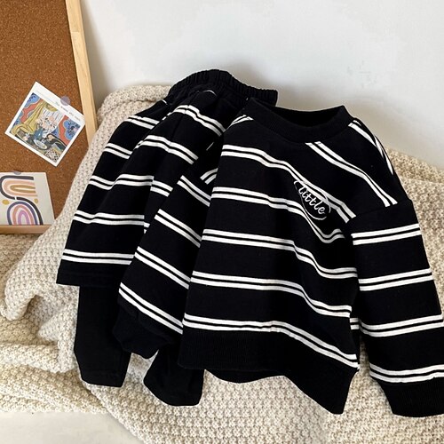 

2 Pieces Kids Boys Hoodie & Pants Clothing Set Outfit Stripe Long Sleeve Cotton Set Vacation Fashion Daily Winter Fall 2-6 Years Black