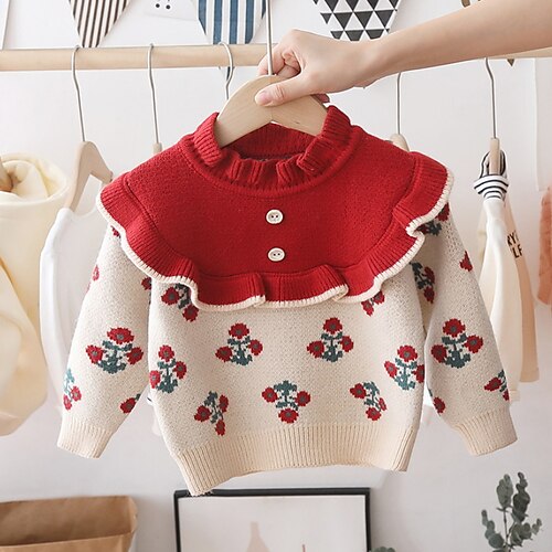 

Kids Girls' Sweater Floral Daily Long Sleeve Fashion Cotton 3-6 Years Winter Red