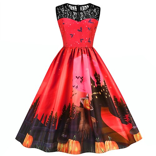 

Women's Vintage Dress Yellow Wine Fuchsia Sleeveless Cat Lace Winter Fall Autumn Crew Neck Weekend S M L XL XXL