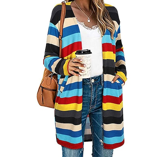 

Women's Casual Jacket Breathable Comfortable Outdoor Daily Wear Vacation Going out Patchwork Pocket Cardigan Collarless Active Casual Street Style Stripe Regular Fit Outerwear Long Sleeve Winter Fall