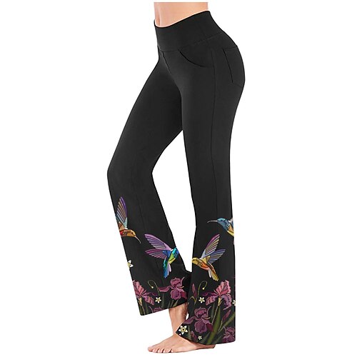 

Women's Wide Leg Pants with Side Pockets Yoga Style High Waist Quick Dry Fitness Gym Workout Bottoms Bird Floral Black Yellow Rosy Pink Sports Activewear Stretchy 21Grams / Athletic / Athleisure