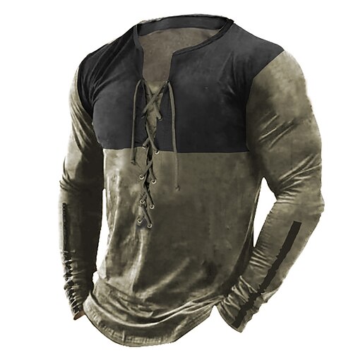 

Men's T shirt Tee Color Block V Neck Army Green 3D Print Outdoor Street Long Sleeve Lace up Clothing Apparel Basic Fashion Streetwear Designer / Sports