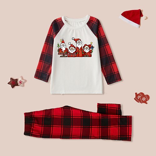 

2 Pieces Kids Unisex Christmas Clothing Set Outfit Plaid Santa Claus Christmas Tree Long Sleeve Patchwork Set Indoor Daily Casual Fall Spring 2-8 Years White