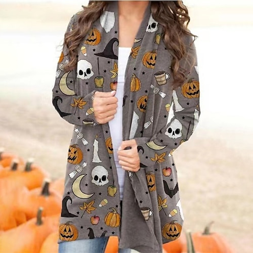 

Women's Casual Jacket Breathable Comfortable Outdoor Halloween Holiday Weekend Print Cardigan Collarless Fashion Street Style Halloween Skull Regular Fit Outerwear Long Sleeve Winter Fall Light