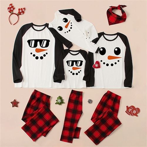 

Christmas Pajamas Family Set Ugly Graphic Plaid Snowman Daily Black Long Sleeve Mom Dad and Me Adorable Matching Outfits Spring Fall