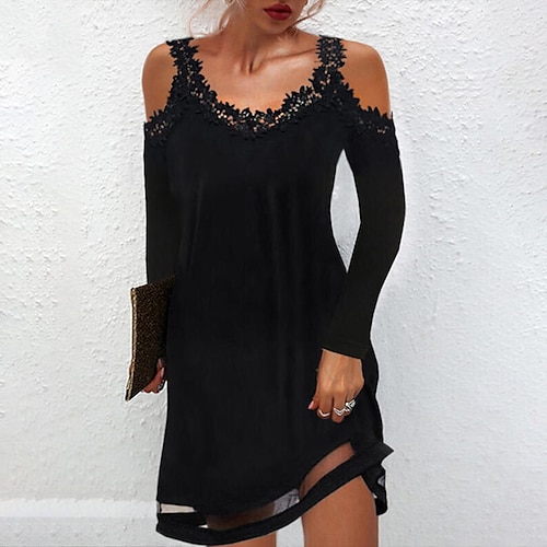 

Women's Casual Dress Shift Dress Short Mini Dress Black Long Sleeve Pure Color Cold Shoulder Fall Winter Spaghetti Strap Stylish Casual 2022 S M L XL 2XL 3XL / Cotton