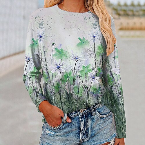 

Women's T shirt Tee Yellow Pink Blue Floral Print Long Sleeve Casual Holiday Basic Round Neck Regular Floral Painting S