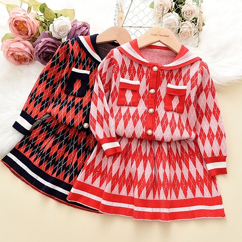 

2 Pieces Kids Girls' SkirtSet Clothing Set Outfit Plaid Long Sleeve Patchwork Set Daily Preppy Style Winter Fall 3-8 Years Black Red