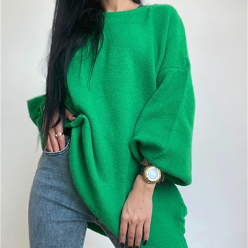 

Women's Pullover Sweater Jumper Ribbed Knit Knitted Pure Color Crew Neck Stylish Casual Outdoor Daily Lantern Sleeve Fall Winter Green Fuchsia S M L / Long Sleeve