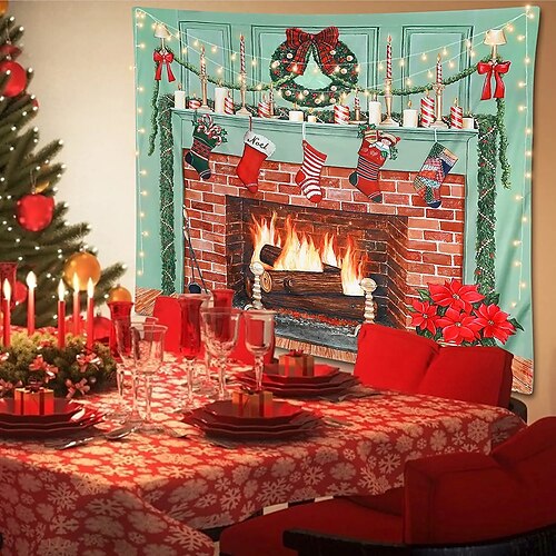 

Christmas Wall Tapestry Photography Background Fireplace Art Decor Blanket Hanging Home Bedroom Living Room Decoration Polyester