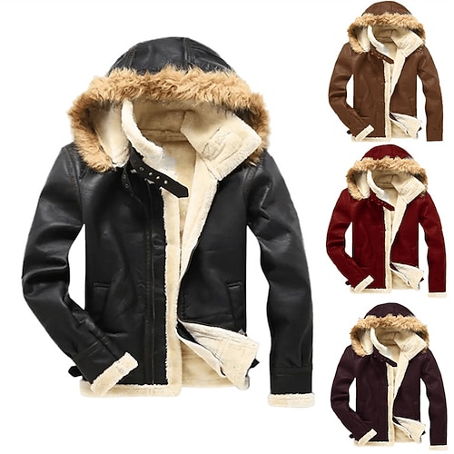 

Men's Shearling Coat Winter Jacket Sherpa jacket Winter Coat Hoodie Jacket Warm Street Daily Holiday Zipper Hoodie Casual Jacket Outerwear Pure Color Pocket Black Khaki Red / Long Sleeve