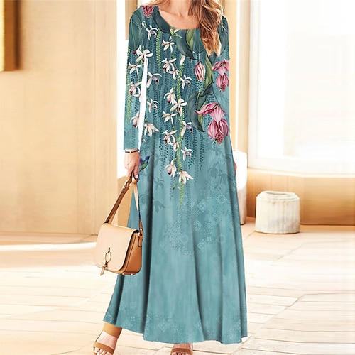 

Women's Casual Dress A Line Dress Maxi long Dress Blue Long Sleeve Floral Pocket Print Fall Winter V Neck Casual Vacation 2022 S M L XL XXL 3XL