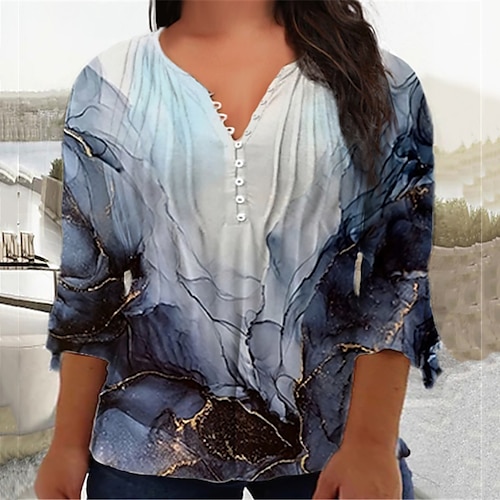 

Women's Plus Size Tops Blouse Shirt Color Gradient Button Print 3/4 Length Sleeve V Neck Casual Daily Vacation Cotton Spandex Jersey Fall Winter Navy Blue / 3D Print