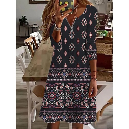 

Women's Casual Dress Navy Blue Long Sleeve Floral Zipper Winter Fall Autumn V Neck Modern Winter Dress Weekend Fall Dress 2022 S M L XL XXL 3XL 4XL 5XL 6XL