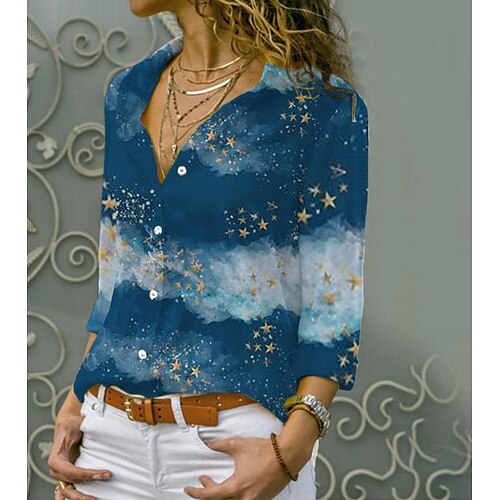

Women's Blouse Shirt Green Blue Beige Butterfly Star Button Print Long Sleeve Daily Weekend Streetwear Casual Shirt Collar Regular Floral Butterfly S / 3D Print