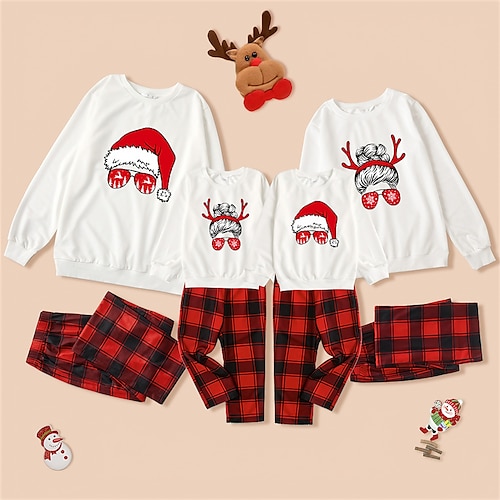 

Christmas Pajamas Family Set Ugly Graphic Plaid Deer Daily White Long Sleeve Mom Dad and Me Adorable Matching Outfits Spring Fall