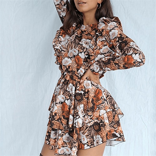 

vestido de mujer de una línea vestido floral mini vestido corto mini vestido negro naranja manga larga floral fruncido invierno otoño cuello redondo moda invierno vestido fin de semana otoño vestido