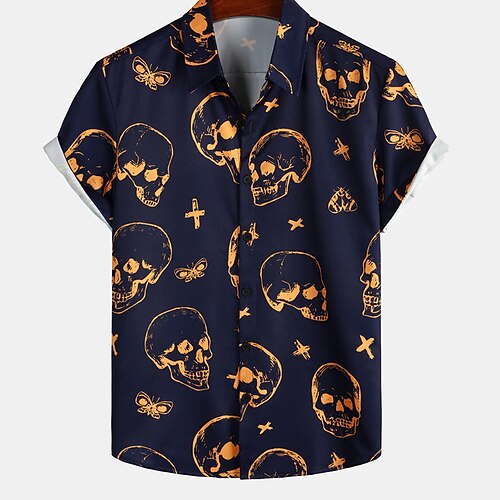 

Men's Shirt Skull Turndown Navy Blue Short Sleeves 3D Print Outdoor Halloween Button-Down Print Tops Designer Casual Breathable / Summer / Spring / Summer