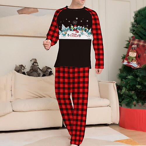 

Men's Christmas Pajamas Sleepwear Pajama Set Pajama Top and Pant 2 Pieces Cartoon Snowman Fashion Comfort Soft Home Christmas Bed Cotton Blend Breathable Crew Neck Long Sleeve Basic Winter Fall Black