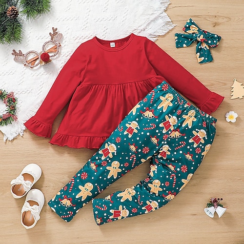 

2 Pieces Kids Girls' Ugly Christmas T-shirt & Pants Clothing Set Outfit Cartoon Candy Cane Long Sleeve Cotton Set Vacation Cute Sweet Winter Fall 2-6 Years Red