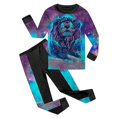 

2 Pieces Kids Boys T-shirt & Pants T-shirtSet Clothing Set Outfit Animal Lion Long Sleeve Print Set Street Fashion Cool Winter Fall 3-12 Years Blue