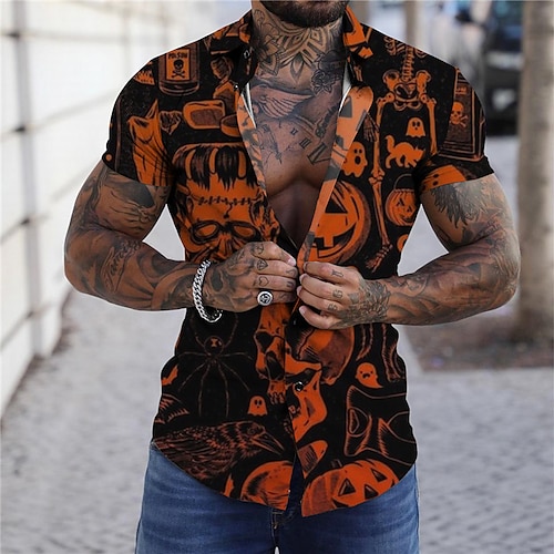 

Men's Shirt Pumpkin Turndown Yellow Short Sleeves 3D Print Outdoor Halloween Button-Down Print Tops Vintage Cool Designer Casual / Summer / Spring / Summer