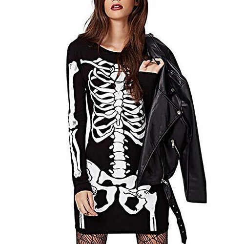 

Women's T Shirt Dress Tee Dress Shift Dress Short Mini Dress Black Long Sleeve Skeleton Print Fall Winter Crew Neck Stylish Modern 2022 S M L XL XXL / Cotton