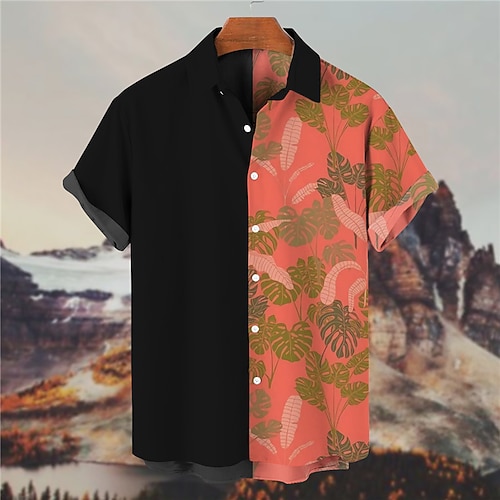 

Men's Shirt Leaves Turndown Pink Short Sleeves 3D Print Outdoor Street Button-Down Print Tops Fashion Designer Casual Breathable / Summer / Spring / Summer