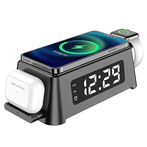 

Wireless Charger 4 in 1 with Digital Alarm Clock 15W Fast Charging Station for Apple Watch 8/7/SE/6/5/4/3/2 AirPods Pro Compatible with iPhone 14/13/12 Pro Max/11/XS Max/XR/X/8 Plus/Samsung Galaxy